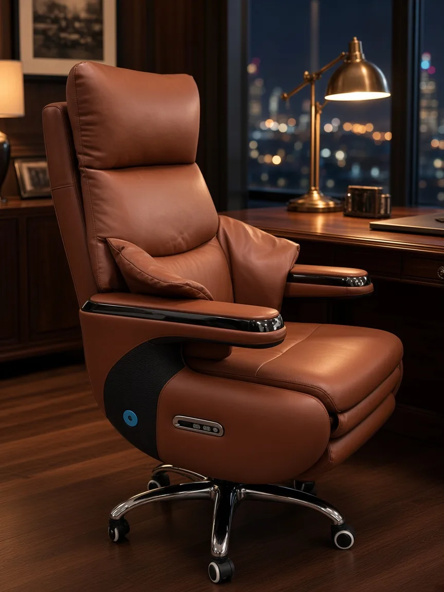 Wavex AR13 chocolate boss chair upright at a dark executive desk