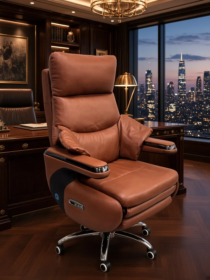 Wavex AR13 chocolate real leather electric massage boss chair in a luxury CEO office