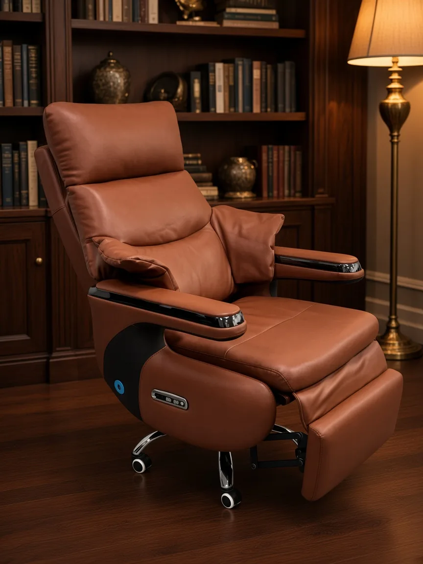 Wavex AR13 chocolate boss chair in a warm evening lounge with walnut shelves