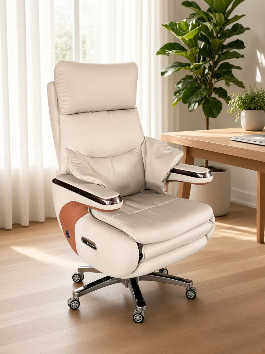 Wavex AR13 light gray real leather electric massage boss chair in a bright home office